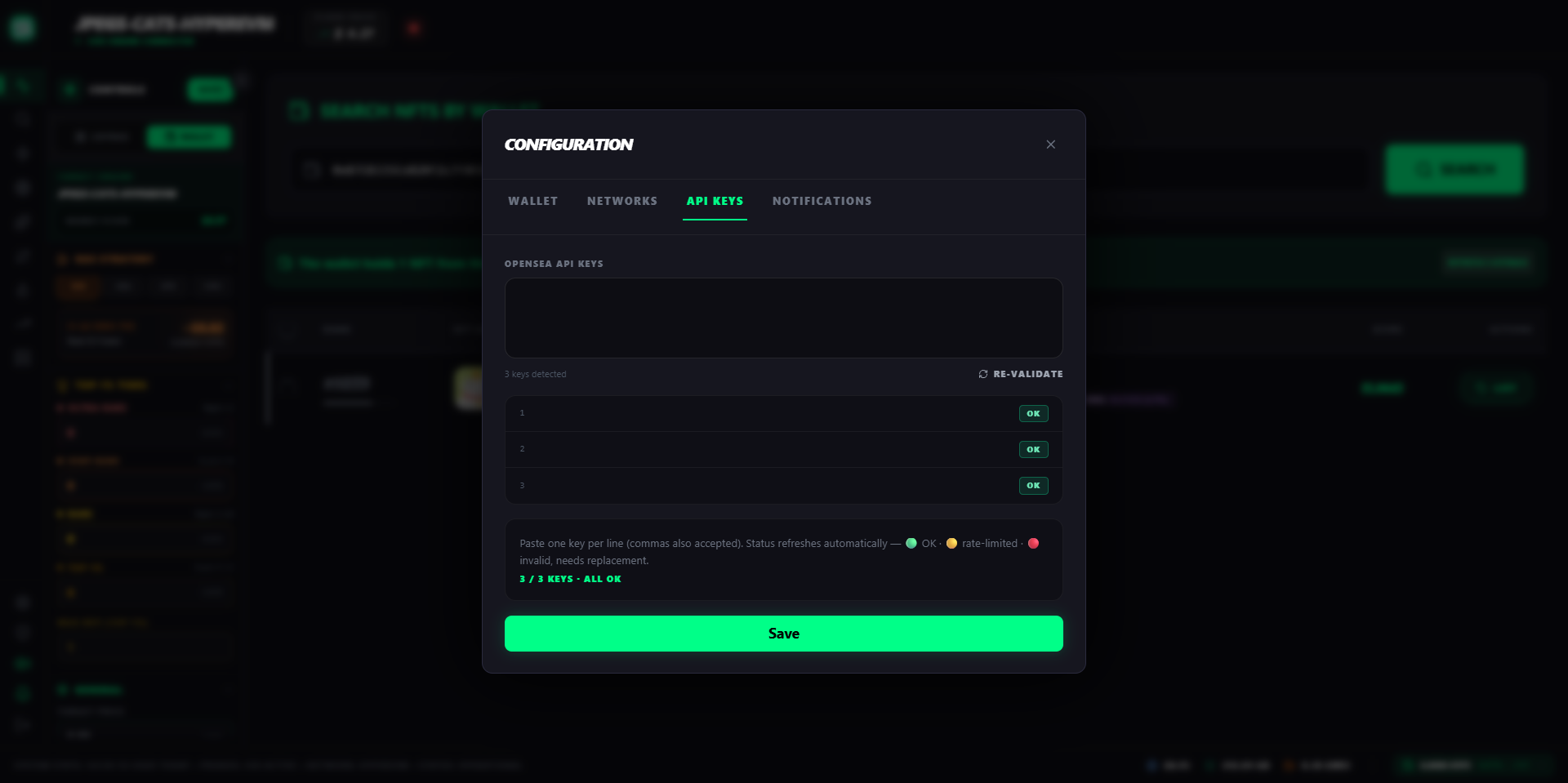 Pestaña API Keys con textarea de OpenSea API Keys, 3 keys detectadas todas en estado OK y botón Re-validate