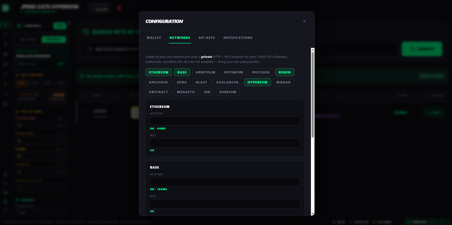 Pestaña Networks con pills de redes (Ethereum, Base, Ronin, HyperEVM activas) y campos HTTP RPC + WSS con estado OK y latencia