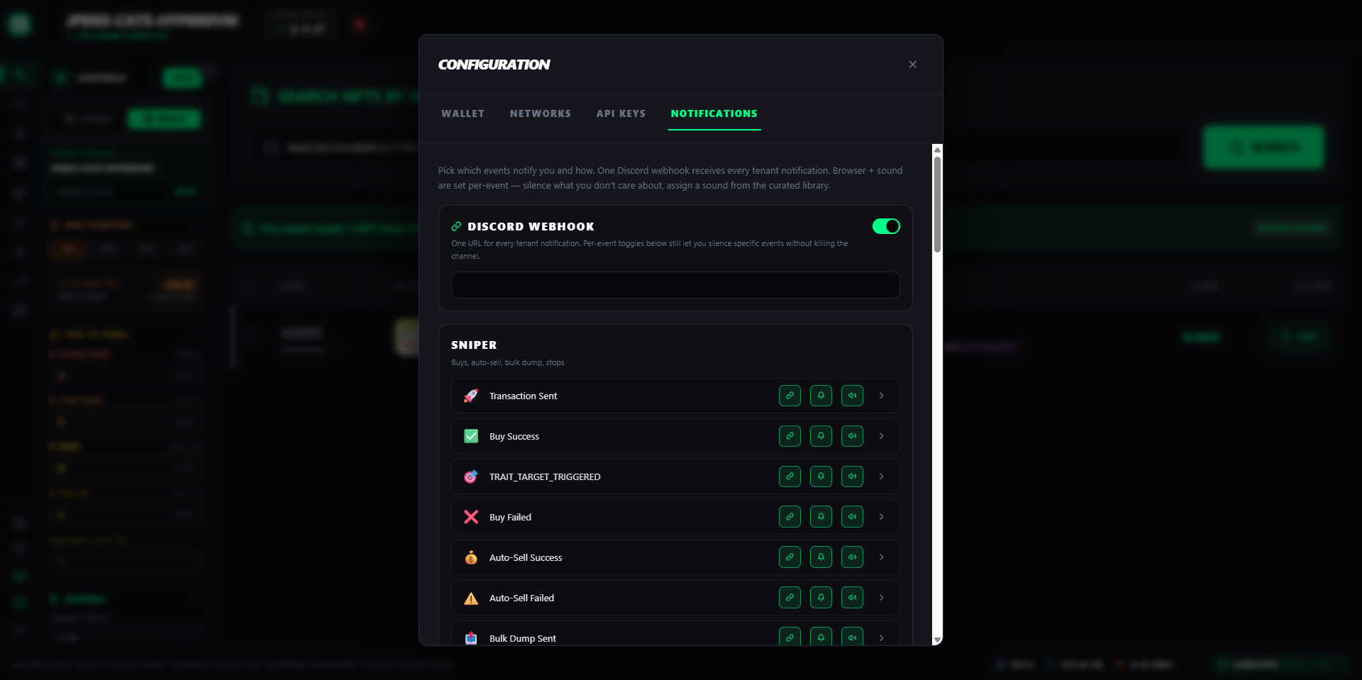Pestaña Notifications con toggle de Discord Webhook y la sección SNIPER listando eventos como Buy Success, TRAIT_TARGET_TRIGGERED, Buy Failed, Auto-Sell Success