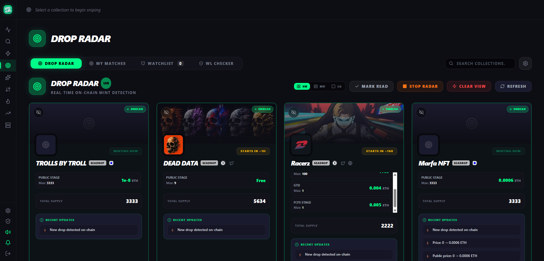 Pantalla Drop Radar con tabs Drop Radar/My Matches/Watchlist y tarjetas de drops como Trolls by Troll, Dead Data con precio público y estado