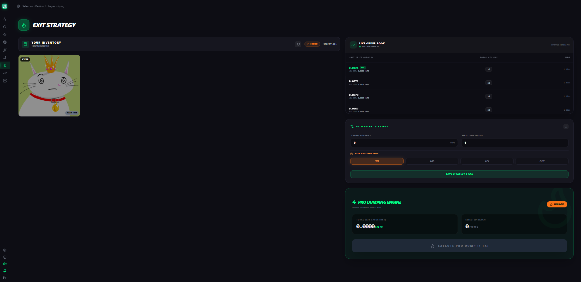 Pantalla Exit Strategy con Your Inventory, Live Order Book, Auto-Accept Strategy y Pro Dumping Engine
