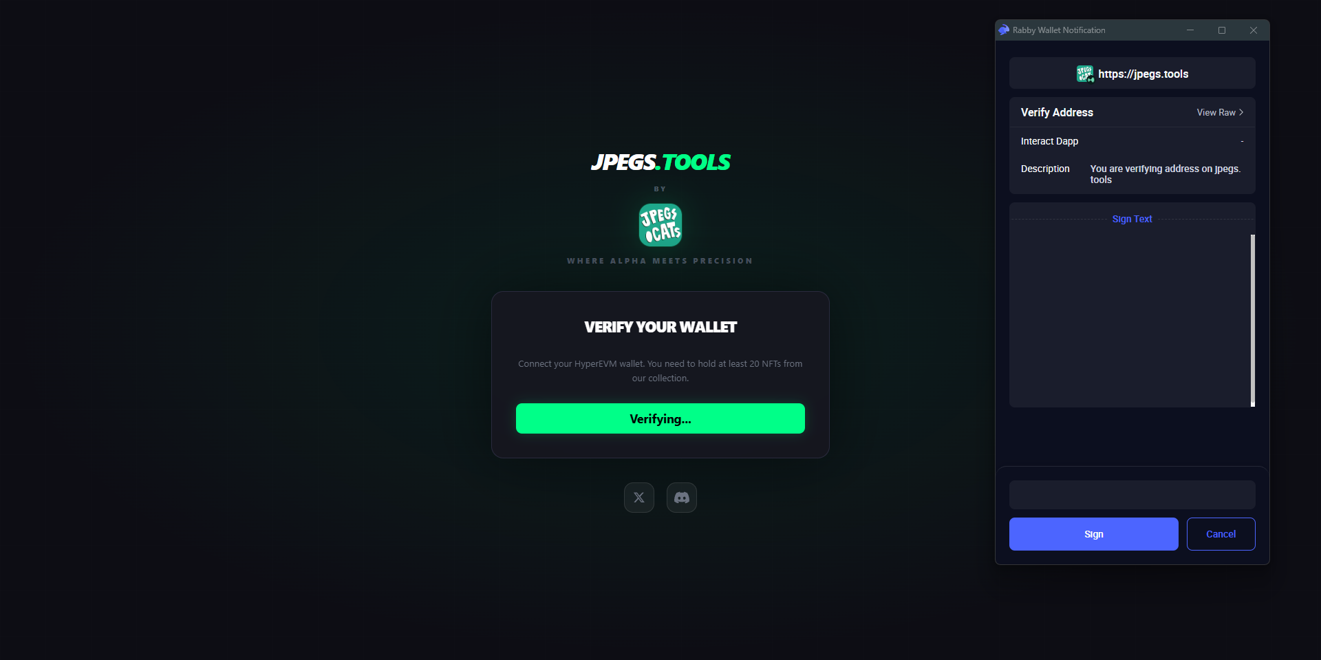 Wallet pidiendo firmar para verificar la dirección en jpegs.tools