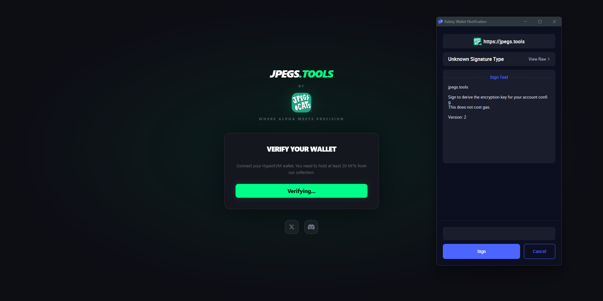Wallet pidiendo firmar para derivar la clave de encriptación de la config, sin costo de gas