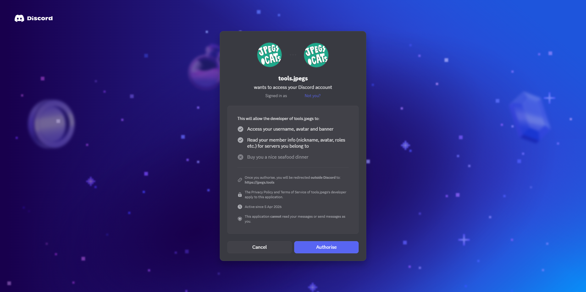 Pantalla de OAuth de Discord pidiendo autorizar el acceso de jpegs.tools a la cuenta