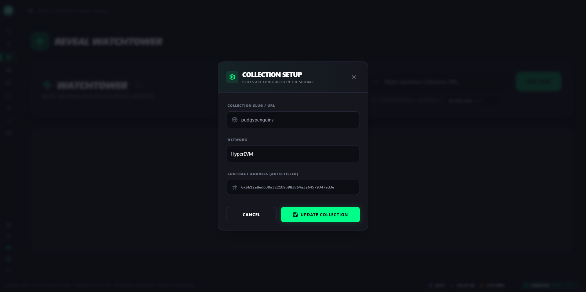 Modal Collection Setup con campos Collection Slug/URL, Network y Contract Address