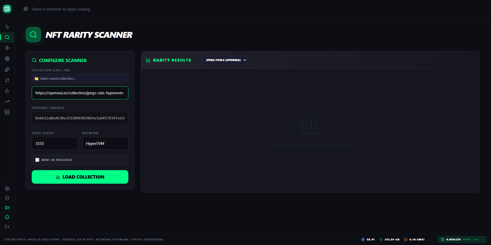 Panel CONFIGURE SCANNER del NFT Rarity Scanner con slug/URL, contract address, total supply, network, checkbox Mint in Progress y el botón Load Collection; a la derecha Rarity Results vacío esperando activación