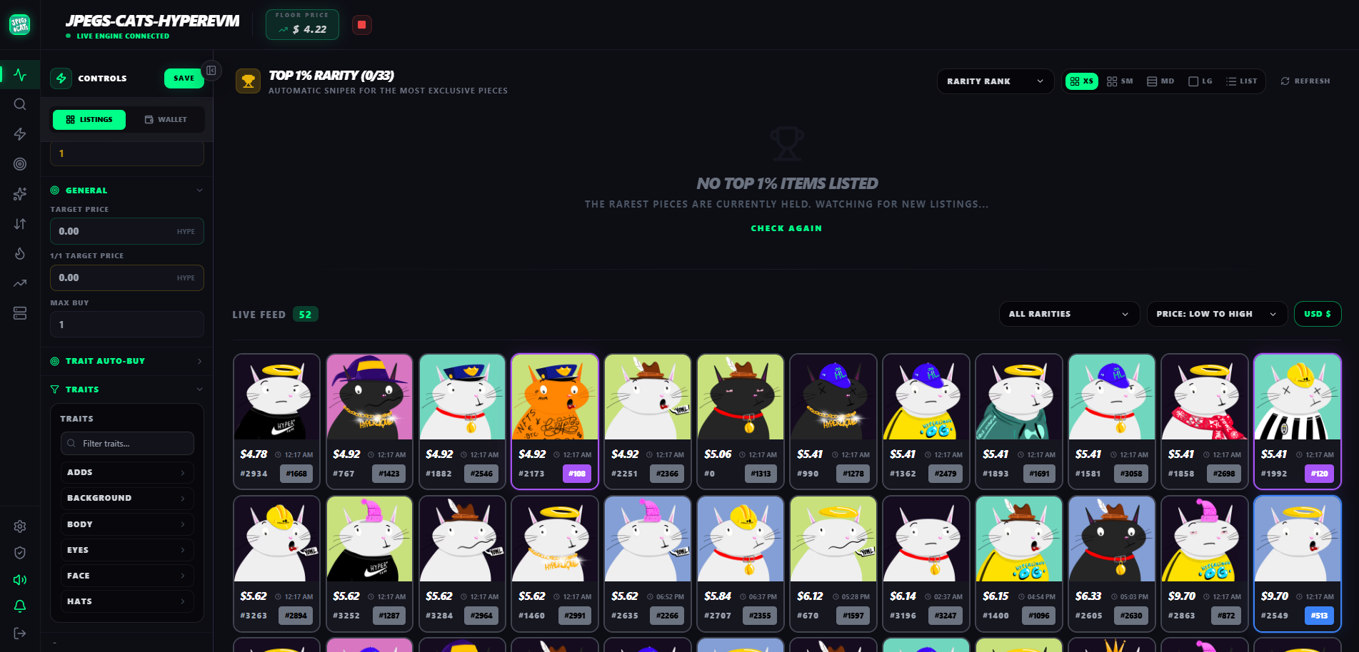 Pantalla del NFT Sniper con la sidebar de configuración, el live feed de listings y la sección Top Rarity