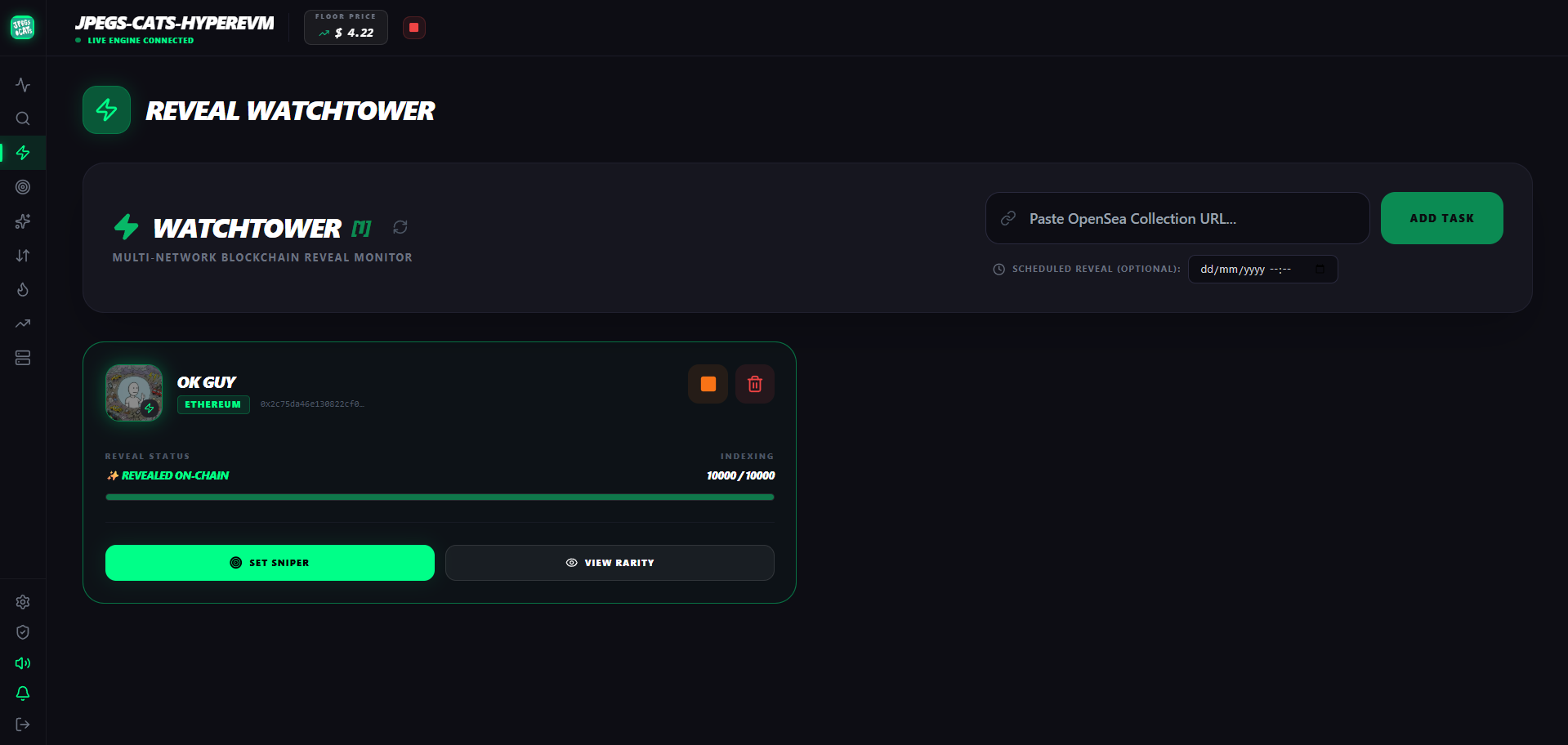 Pantalla Reveal Watchtower con una tarea de colección OK GUY revelada on-chain al 10000/10000