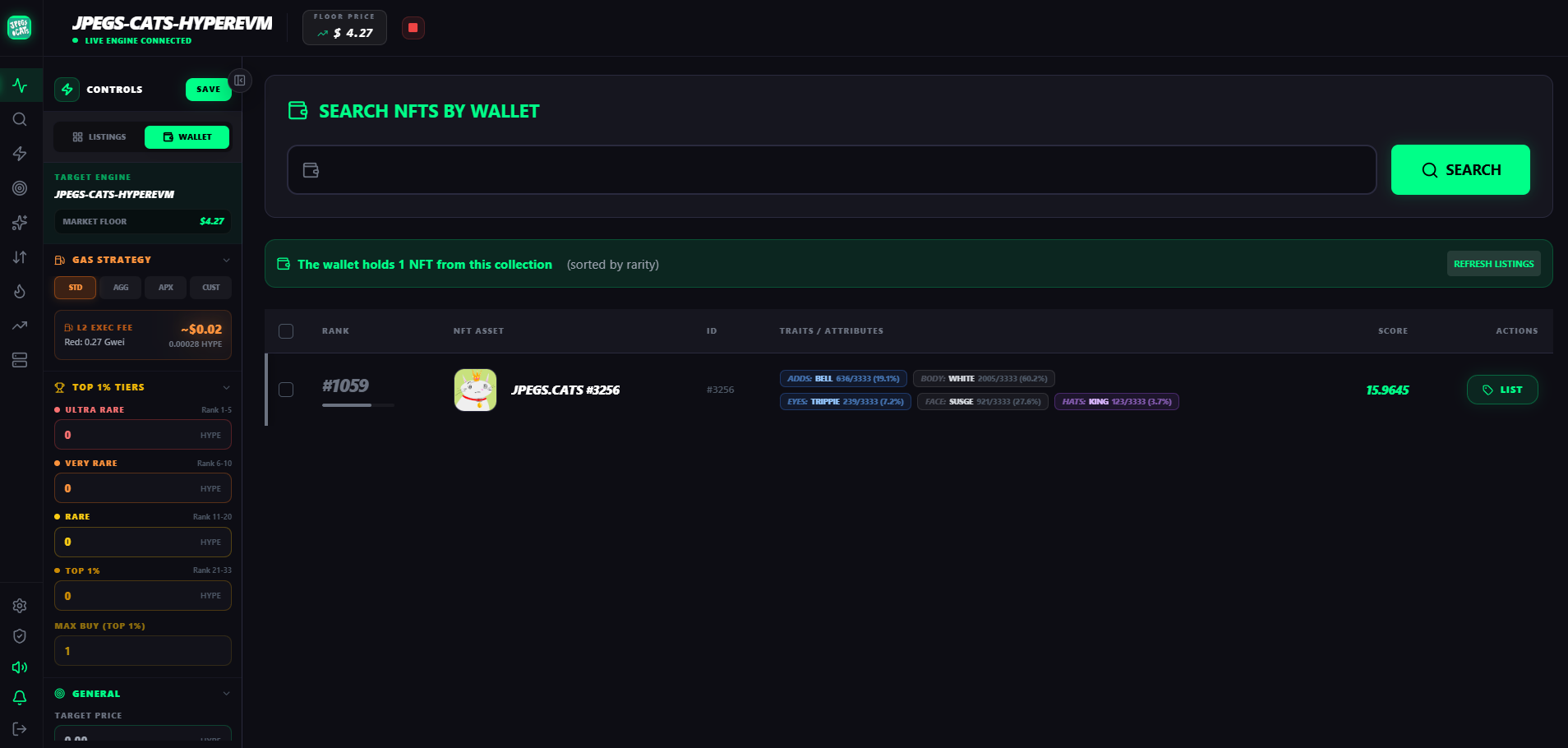 Pantalla SEARCH NFTS BY WALLET con campo de búsqueda y una tabla mostrando rank, asset, ID, traits con porcentajes, score y botón LIST