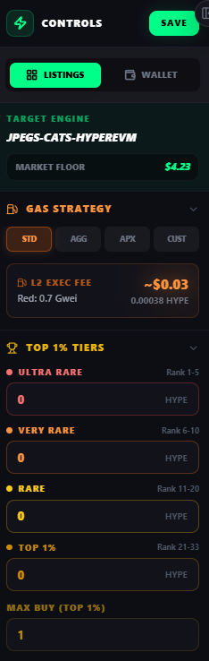 Panel CONTROLS con TARGET ENGINE, MARKET FLOOR, GAS STRATEGY STD/AGG/APX/CUST y TOP 1% TIERS con Ultra Rare, Very Rare, Rare y Top 1%