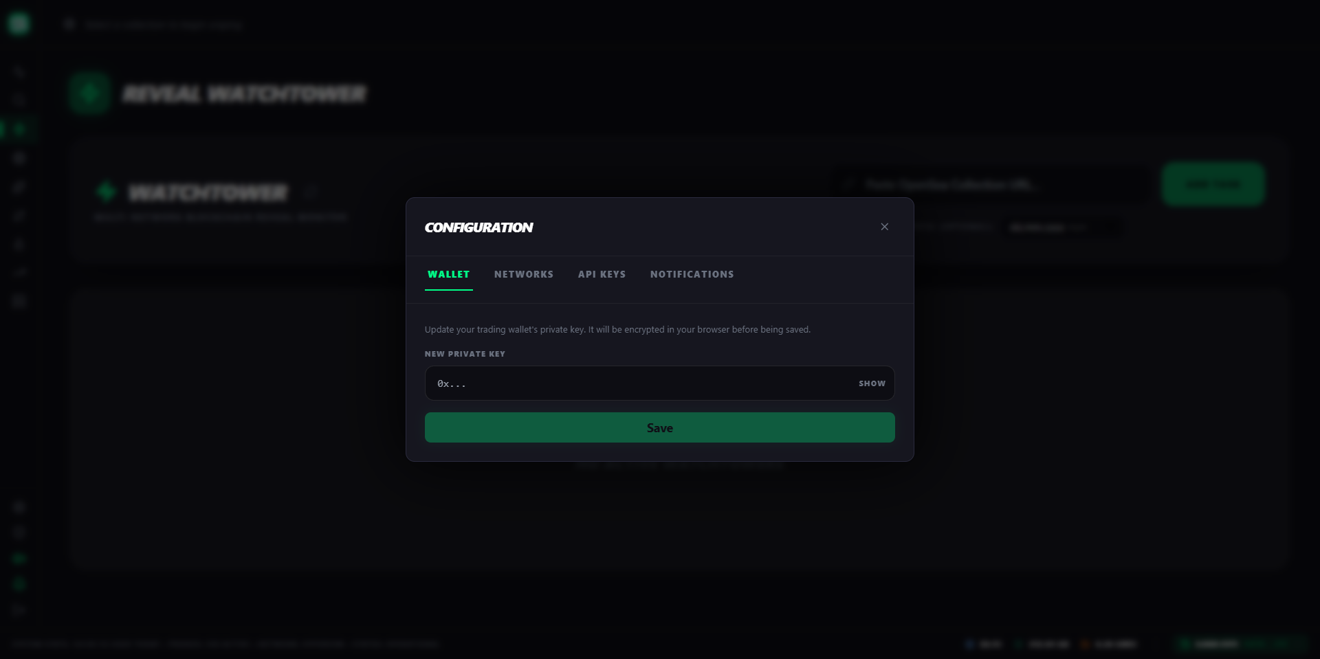 Modal Configuration — pestaña Wallet con el campo New Private Key
